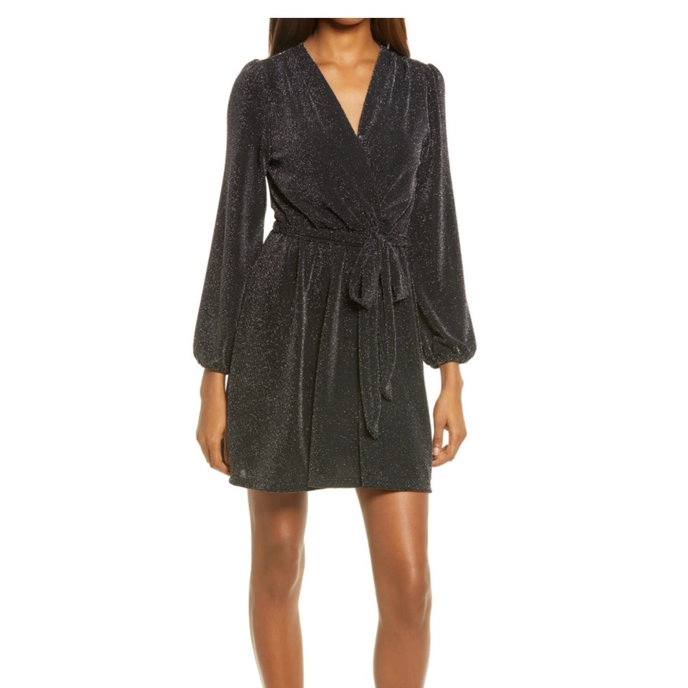 Fraiche by J Glitter Wrap Front Long Sleeve Minidress
